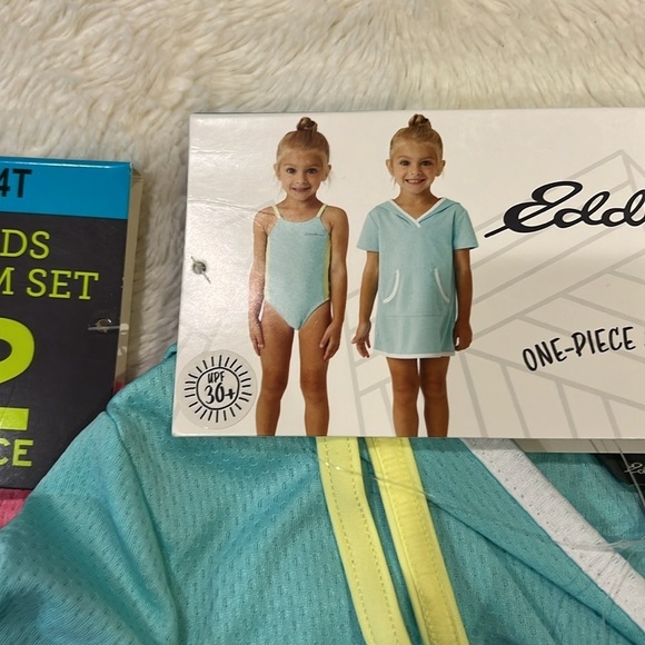 2 Eddie Bauer Kids One-Piece Aqua Pink/White/Floral Swimsuit Cover Up Nwt 4T - Picture 3 of 5
